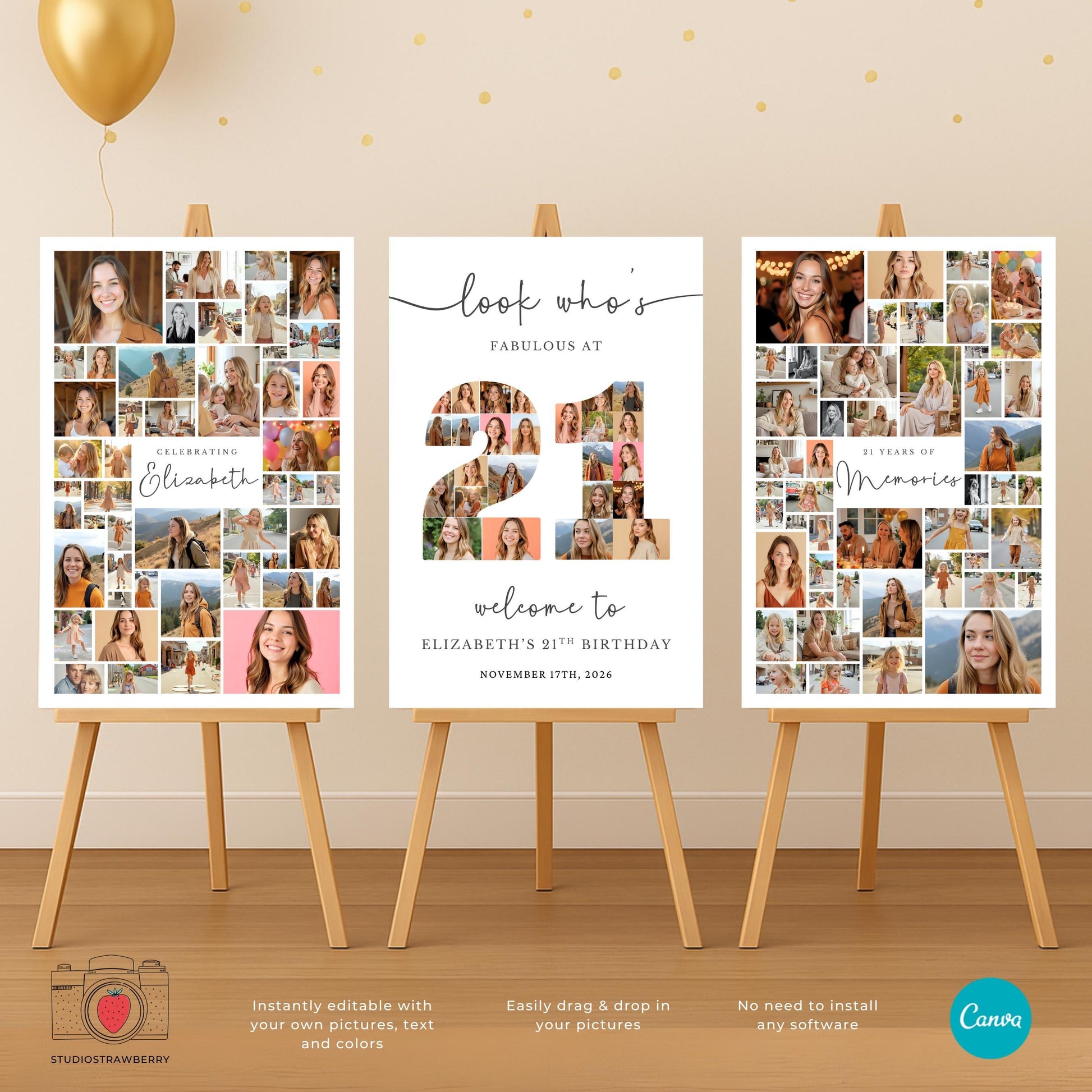 Modern 21st birthday welcome poster with photos, editable in Canva.