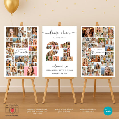 Modern 21st birthday welcome poster with photos, editable in Canva.