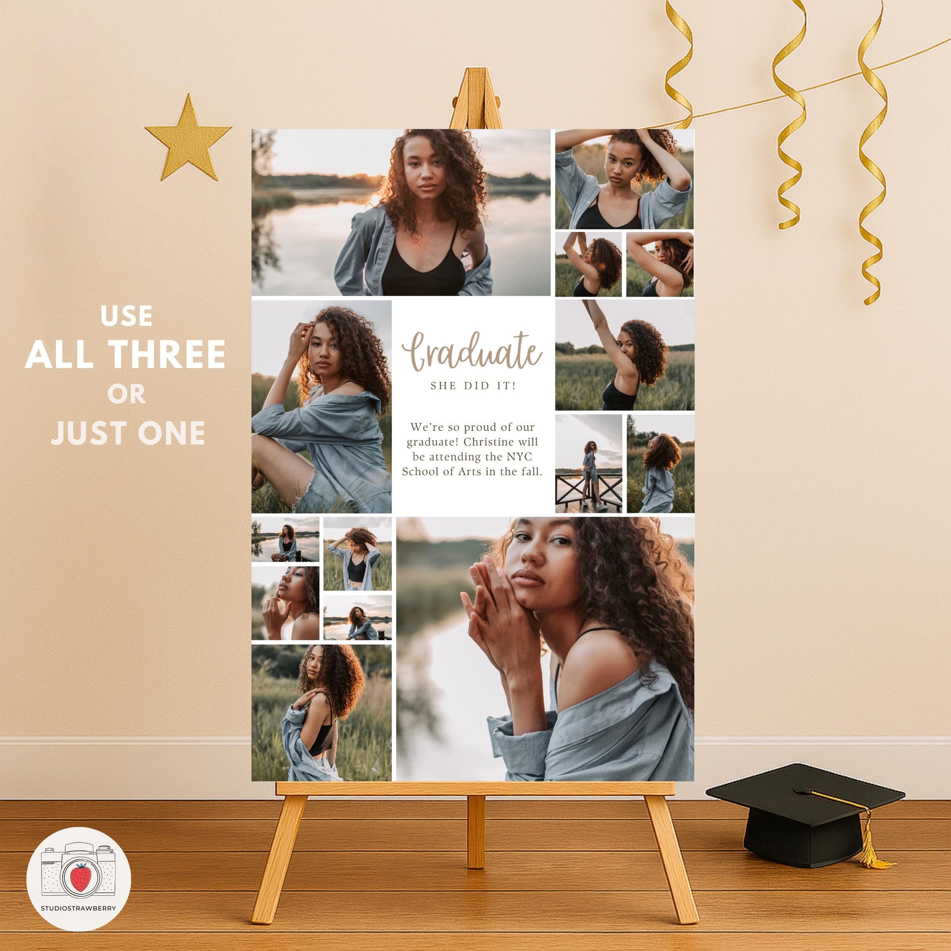 Graduation photo board collage template with space for multiple pictures and personalized details.