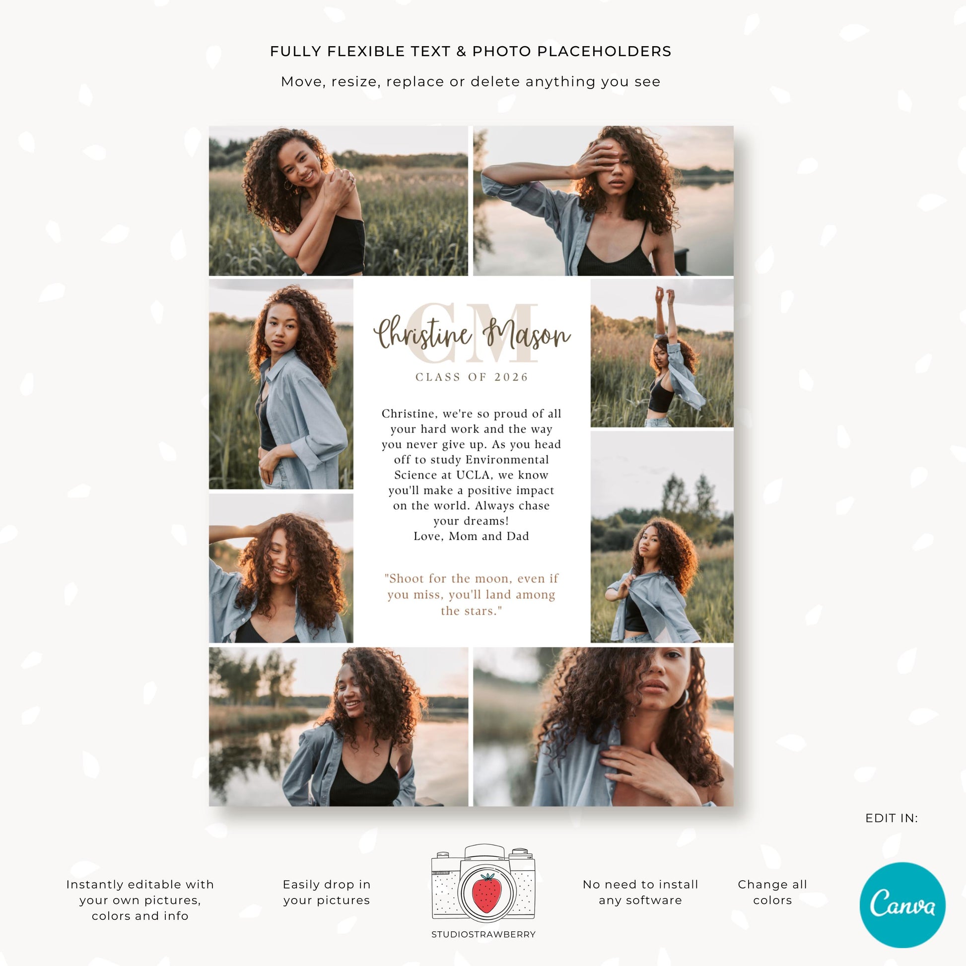 Editable graduation message page with monogram header and multiple photo spots.