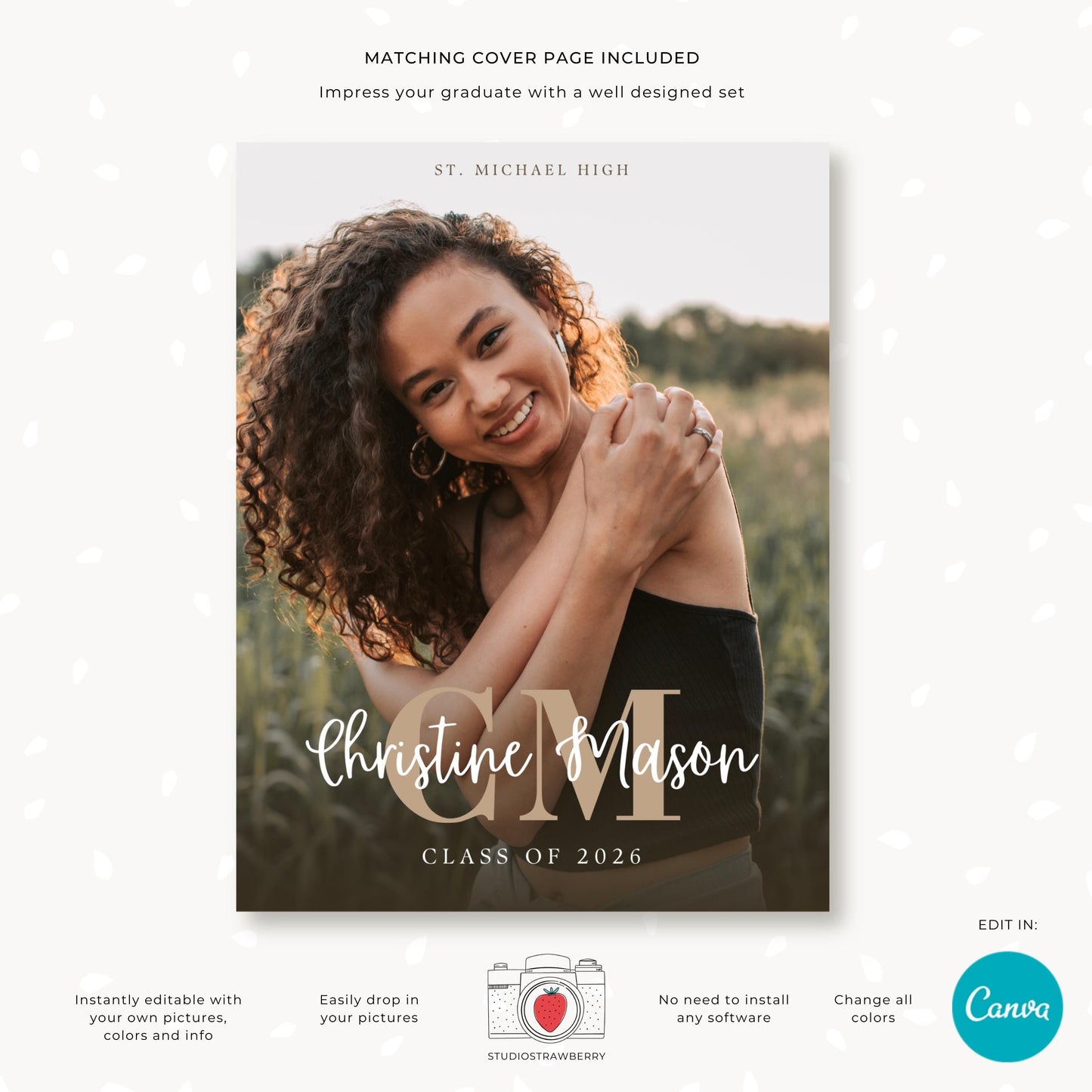 Modern graduation monogram layout designed for seniors wanting a stylish yearbook tribute.