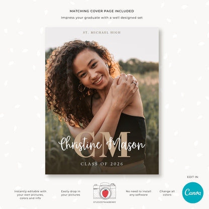 Modern graduation monogram layout designed for seniors wanting a stylish yearbook tribute.