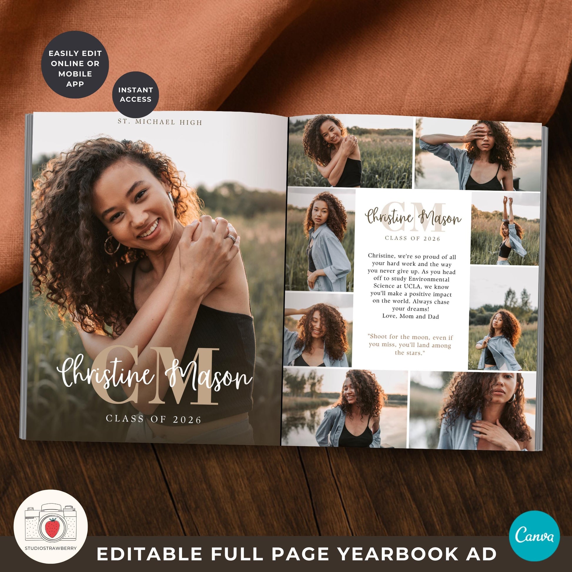 Canva graduation tribute page template with customizable text and modern monogram.
