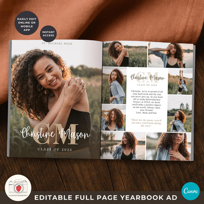 Canva graduation tribute page template with customizable text and modern monogram.