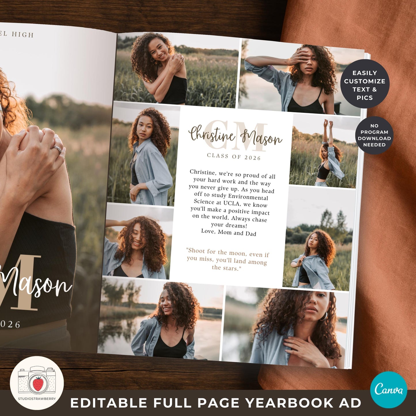 Canva editable senior photo collage template for personalized yearbook messages.