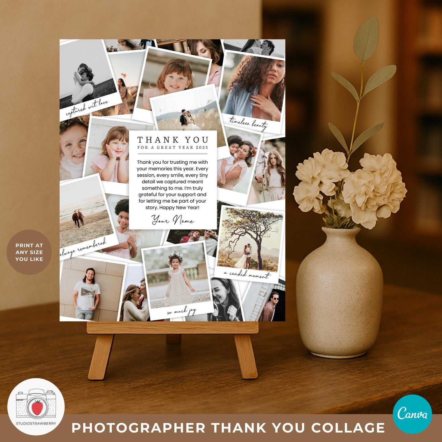 Double sided photographer thank you card back featuring a full photo collage design.