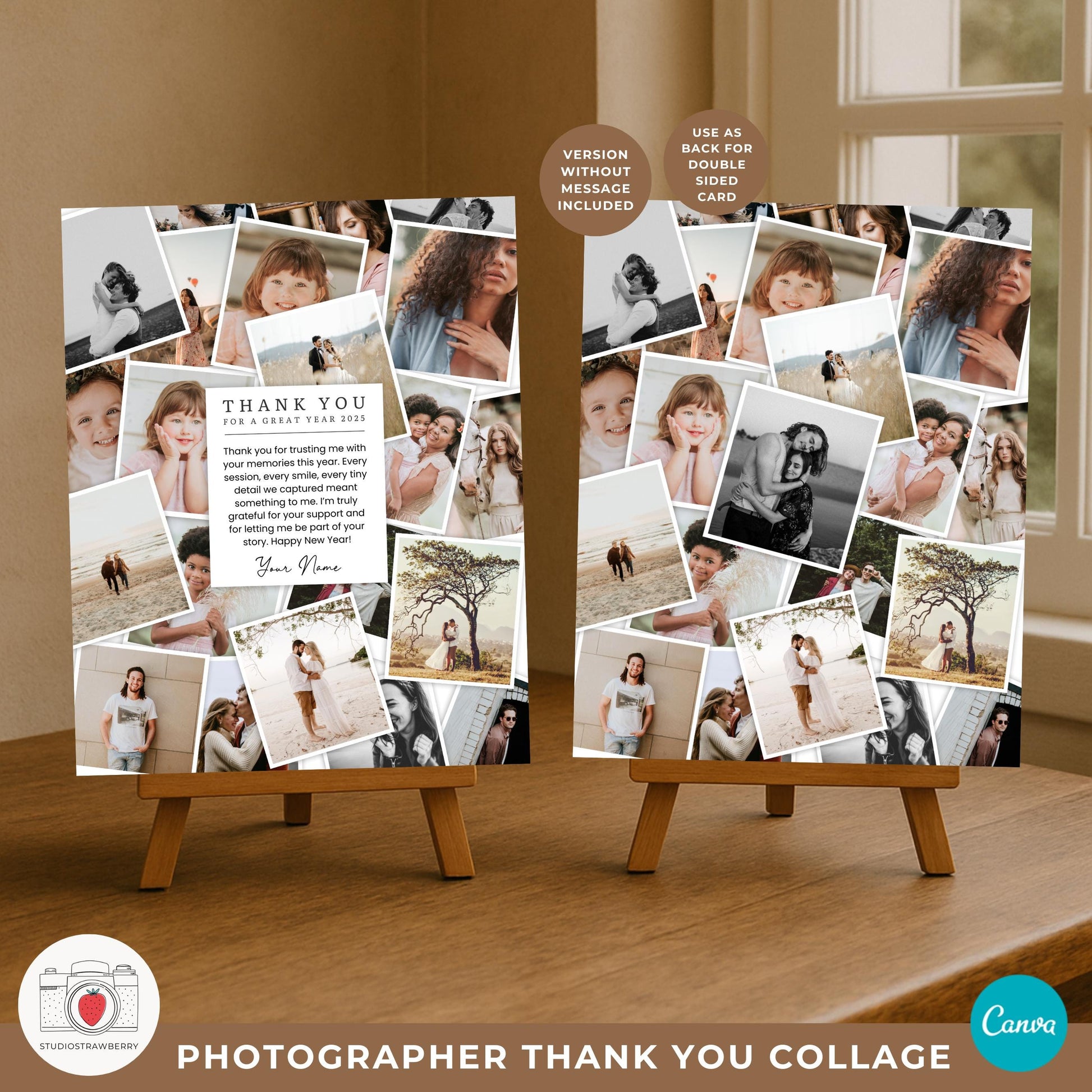 Photography client appreciation collage template with editable photo frames and modern polaroid look.