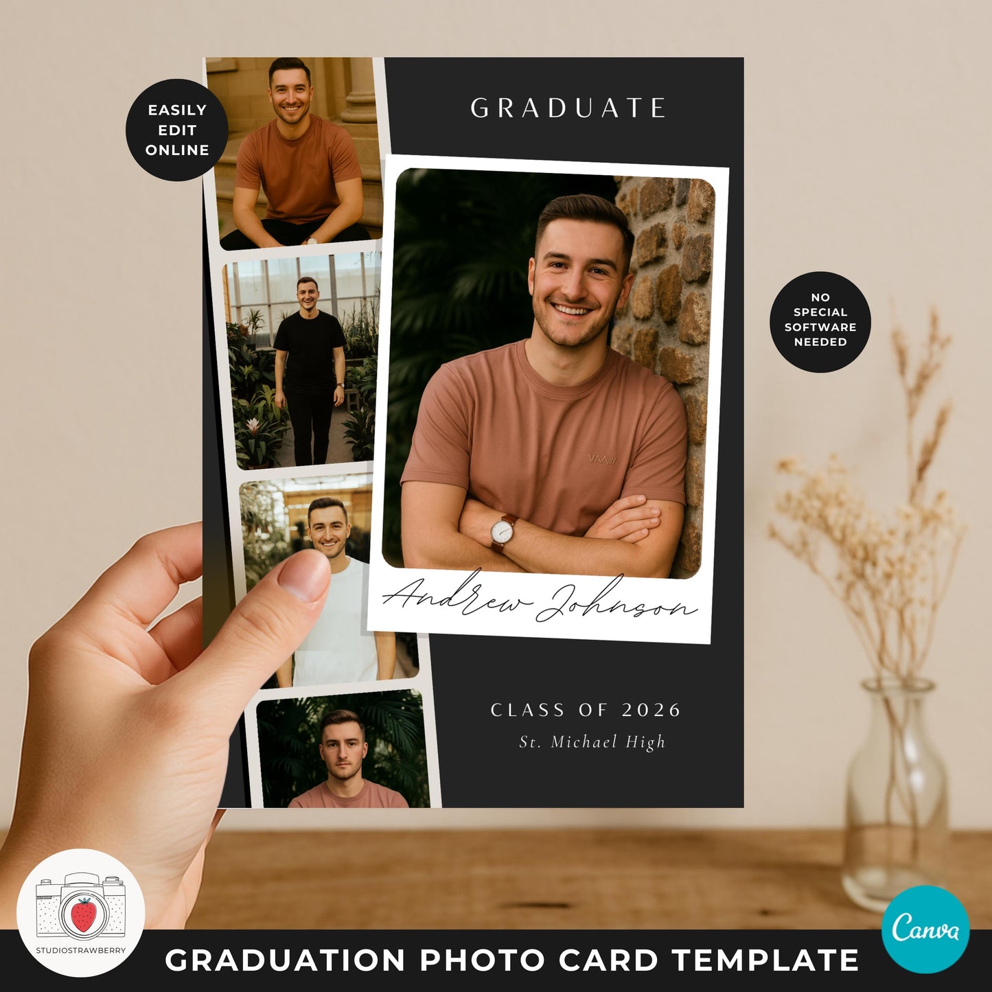 Film strip graduation card designed to showcase several photos in a vertical layout