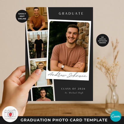 Film strip graduation card designed to showcase several photos in a vertical layout