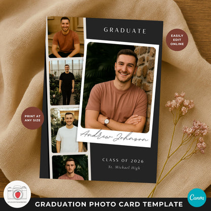 Guy graduation photo card featuring a modern film strip layout with multiple portrait photos