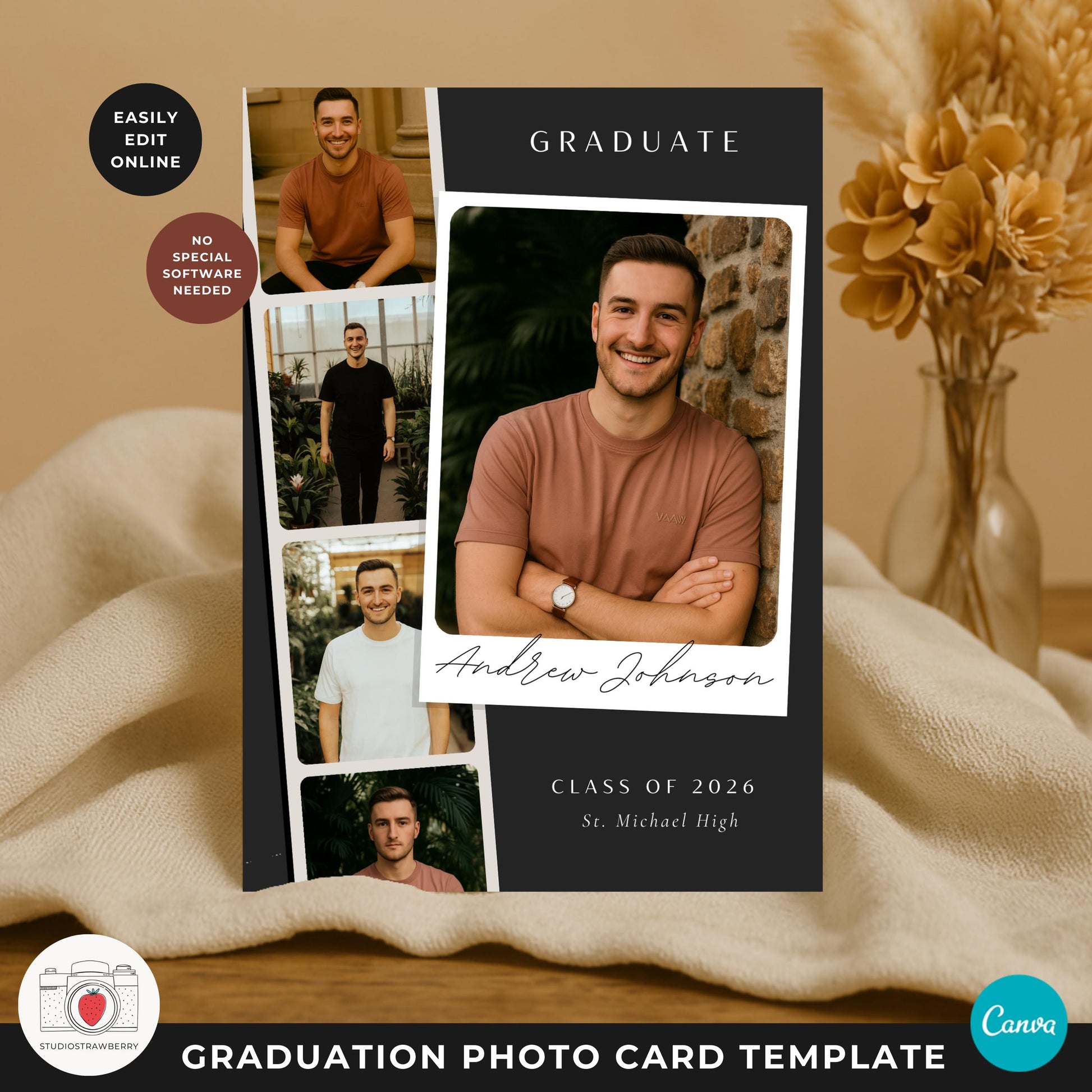 Graduation party invitation photo card with space for event details and photos
