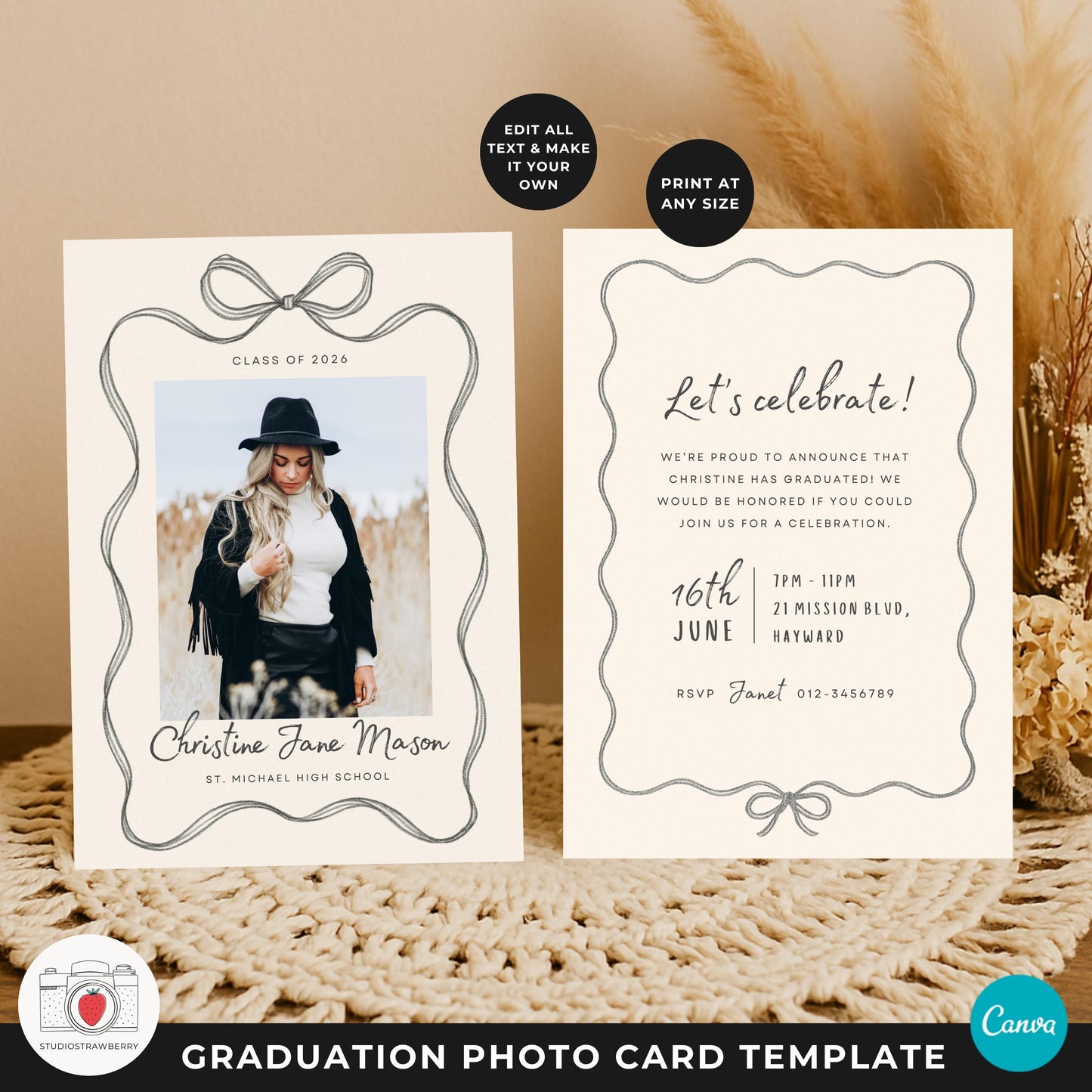 Back side options for bow graduation announcement with photos included.