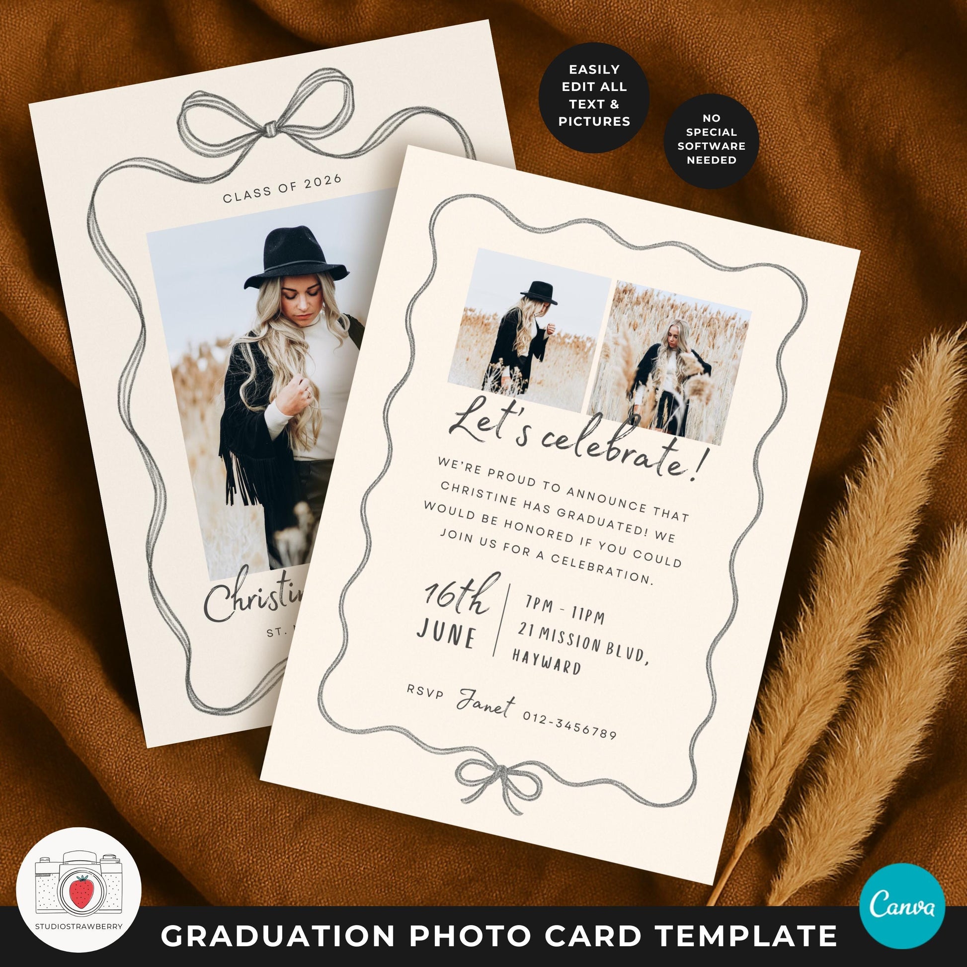 Graduation announcement card set with photo layout and bow frame.