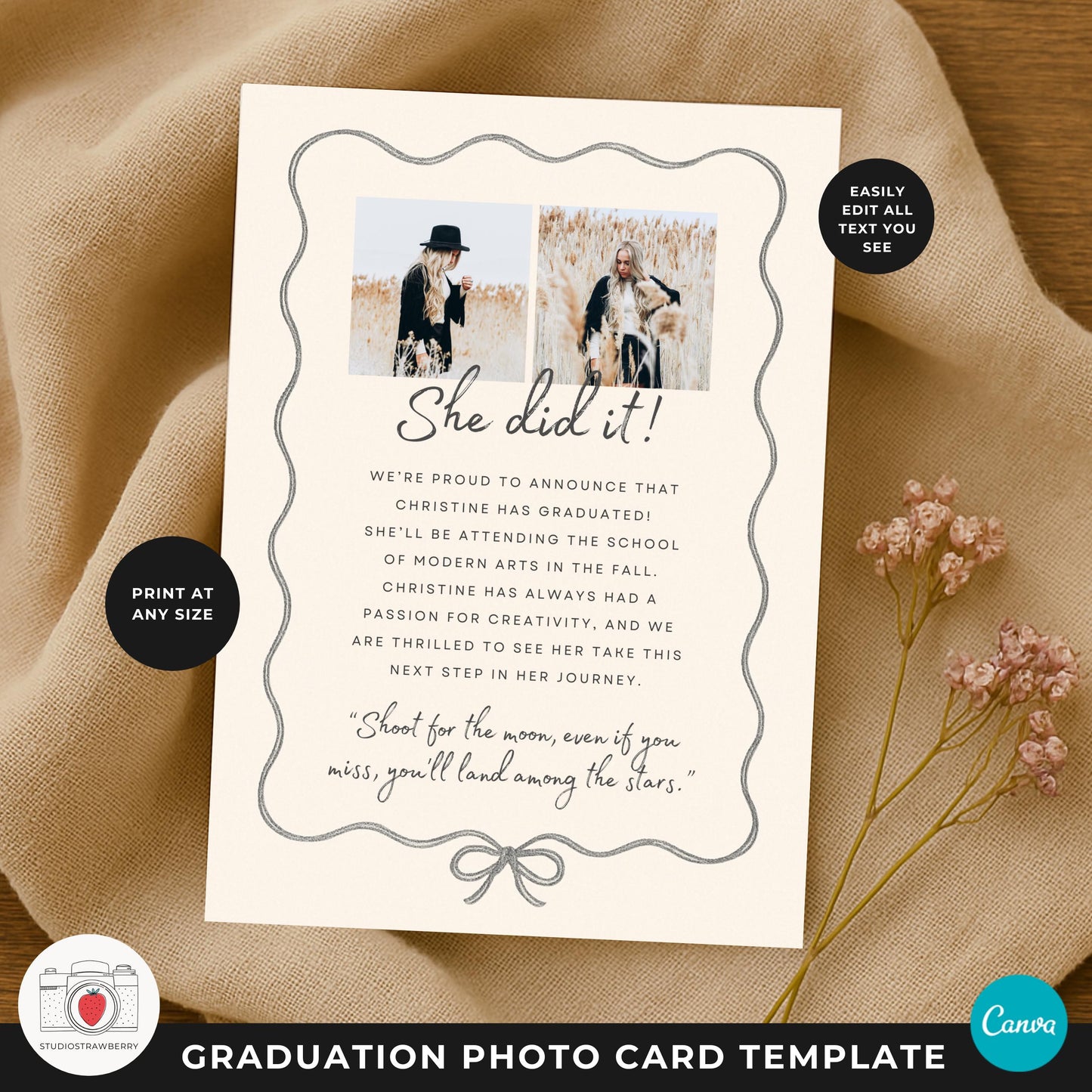 Printable graduation card template featuring a hand drawn bow border.