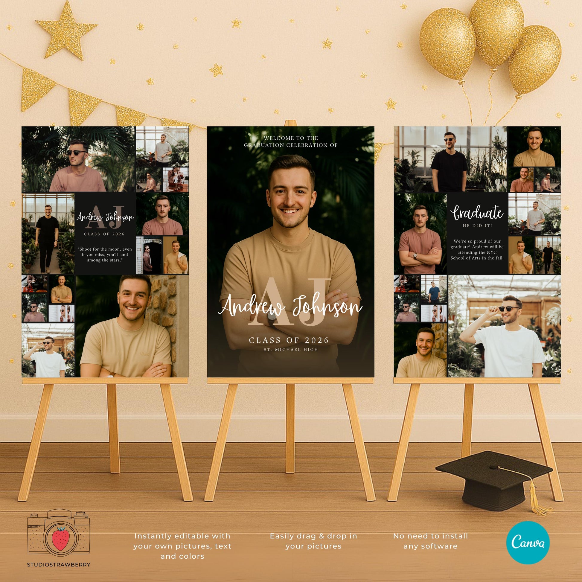 Printable graduation welcome poster set for guys including a monogram centerpiece and two collage designs.