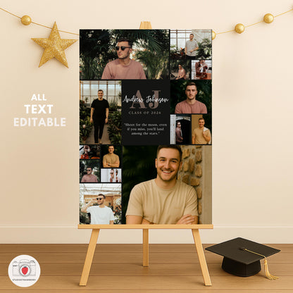 Customizable graduation photo board template for boys with editable colors and senior text.