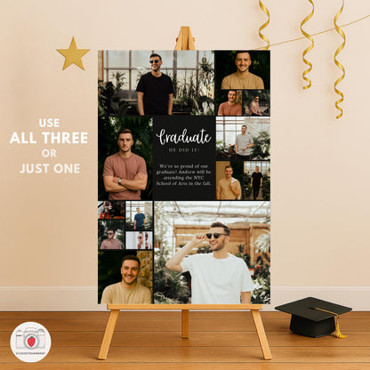Stylish graduation collage board for boys with a dark background and flexible layout.