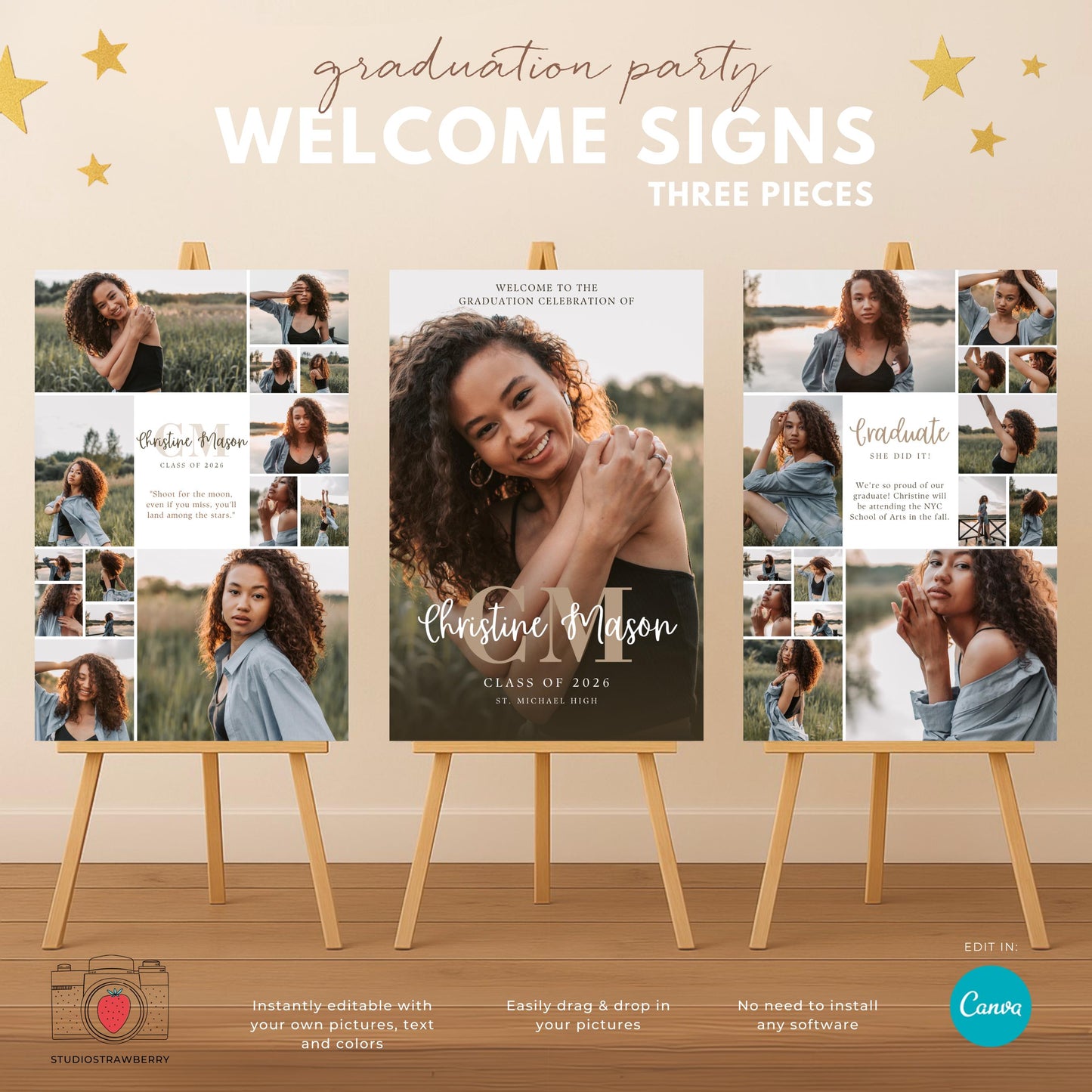 A senior graduation welcome sign set with a monogram and personalized layout for high school party decor.
