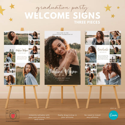 A senior graduation welcome sign set with a monogram and personalized layout for high school party decor.