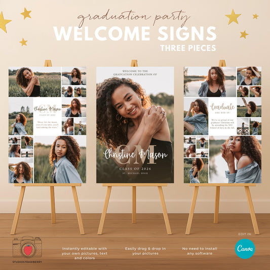 A senior graduation welcome sign set with a monogram and personalized layout for high school party decor.