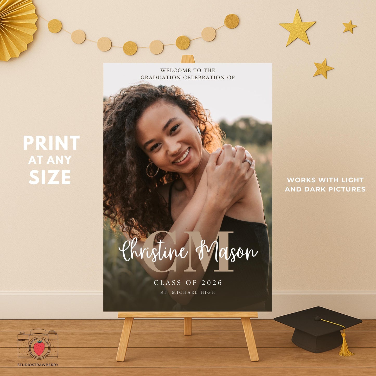 A modern graduation welcome board featuring a large photo and monogram initials for senior celebrations.