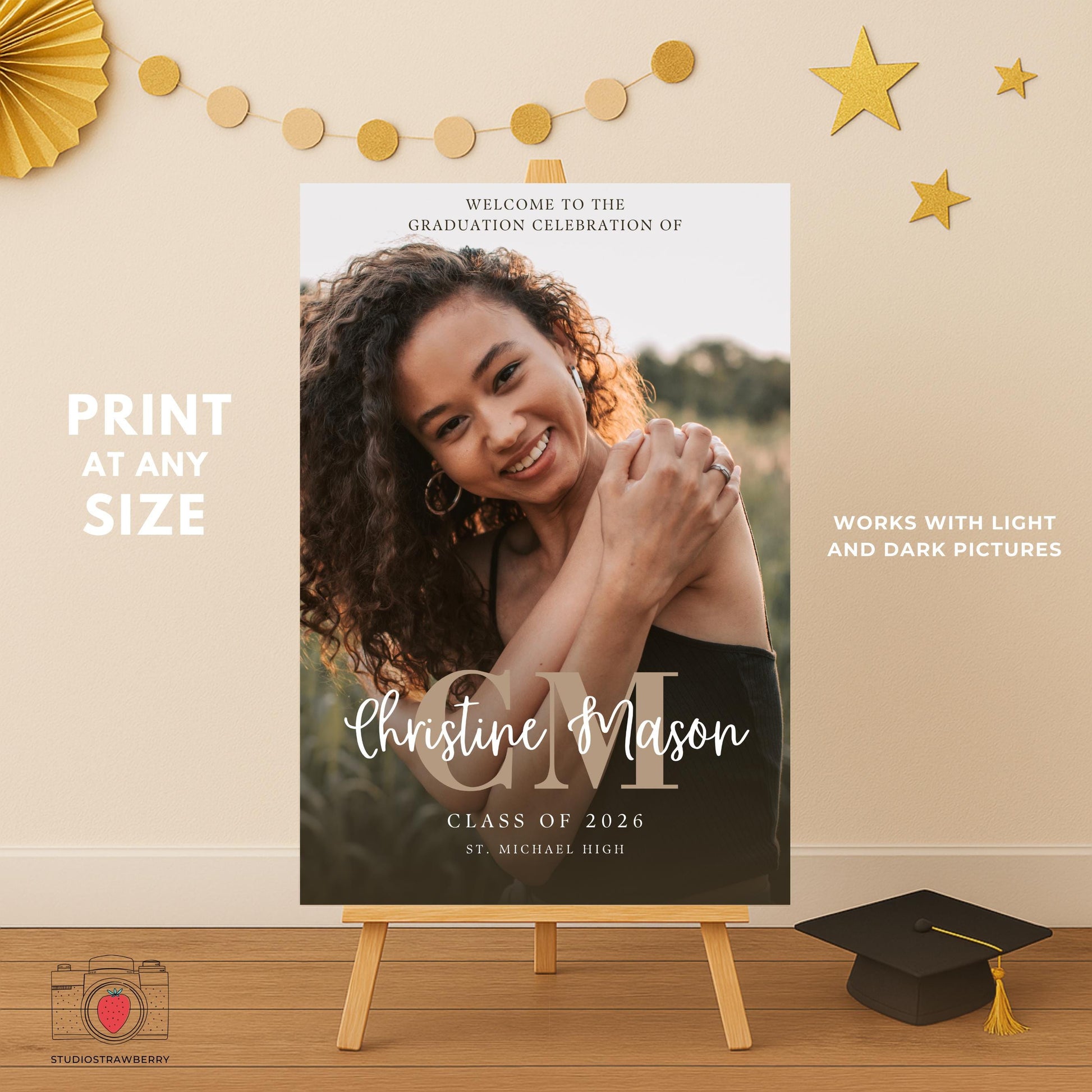 A modern graduation welcome board featuring a large photo and monogram initials for senior celebrations.