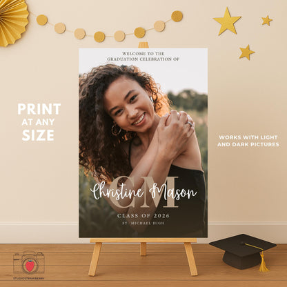 A modern graduation welcome board featuring a large photo and monogram initials for senior celebrations.