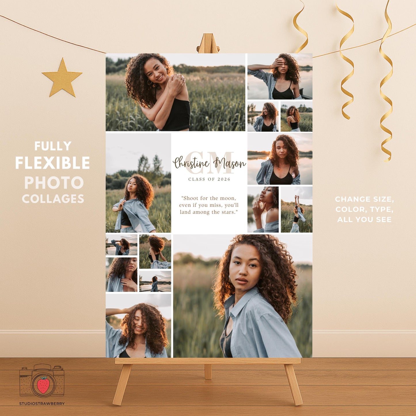 Editable graduation photo collage welcome sign with custom text for high school seniors.
