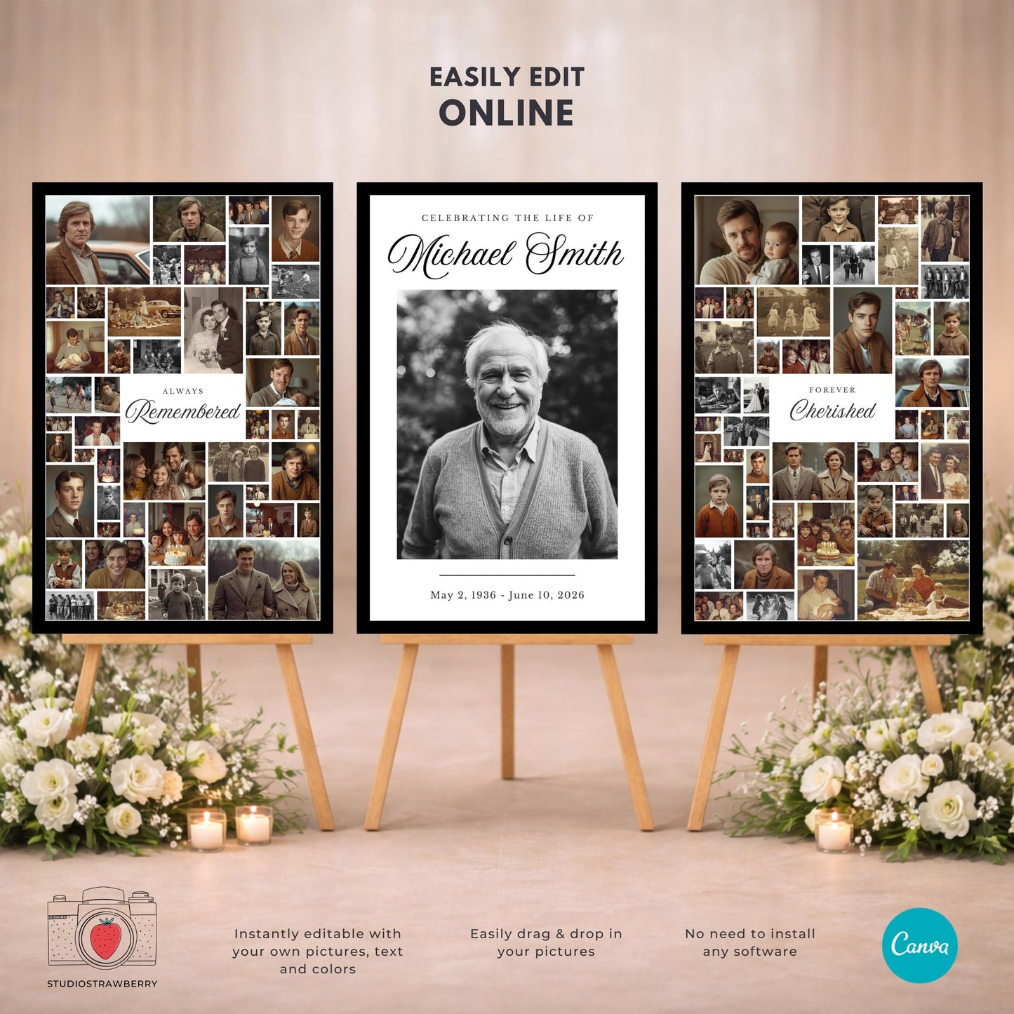 Obituary photo display sign printable with space for family memories and dates