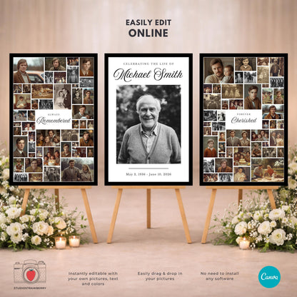 Obituary photo display sign printable with space for family memories and dates