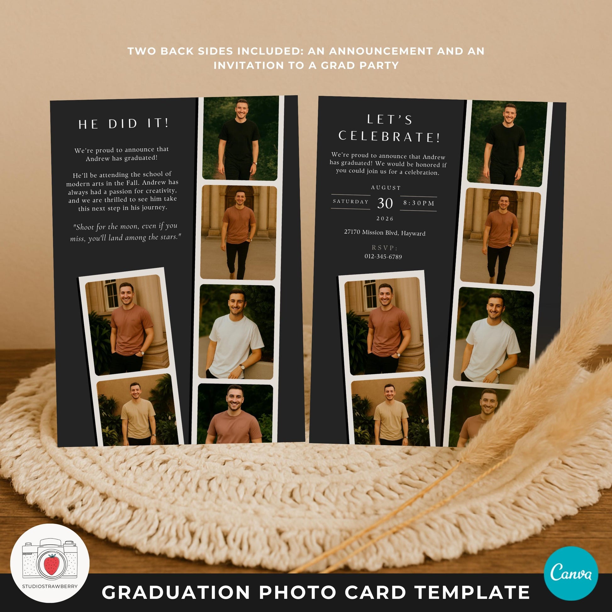Graduation photo card for him showing a masculine layout made for senior portraits