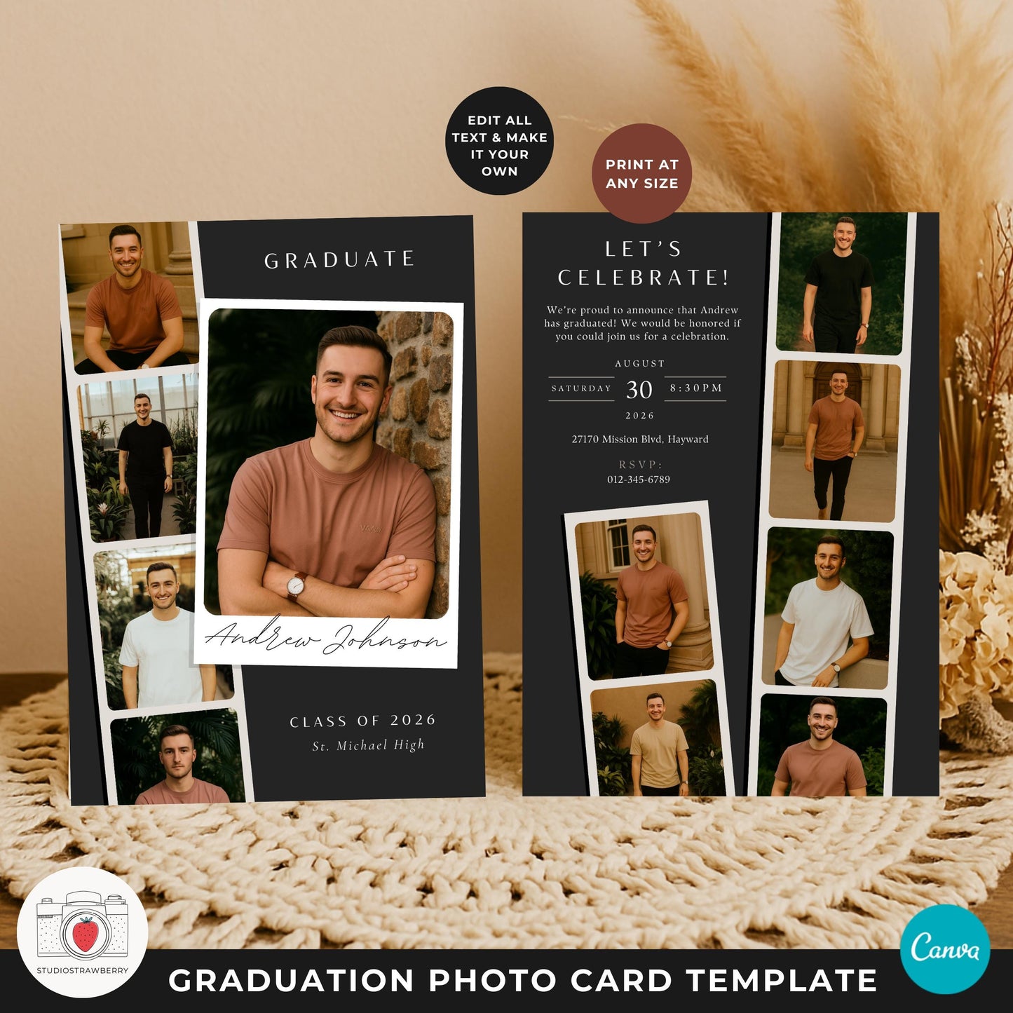 Male graduation announcement card with a clean black background and photo collage design