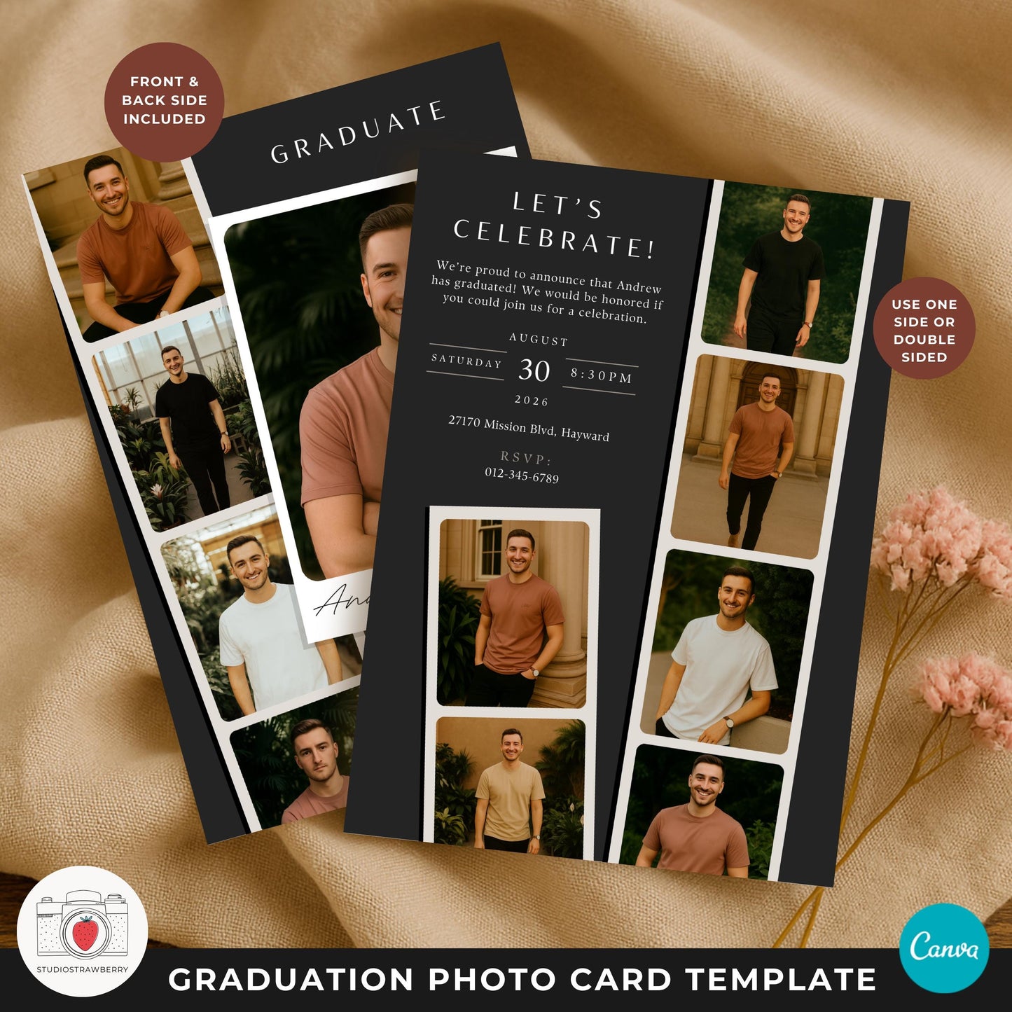 Modern graduation card for men with a sleek and timeless photo arrangement