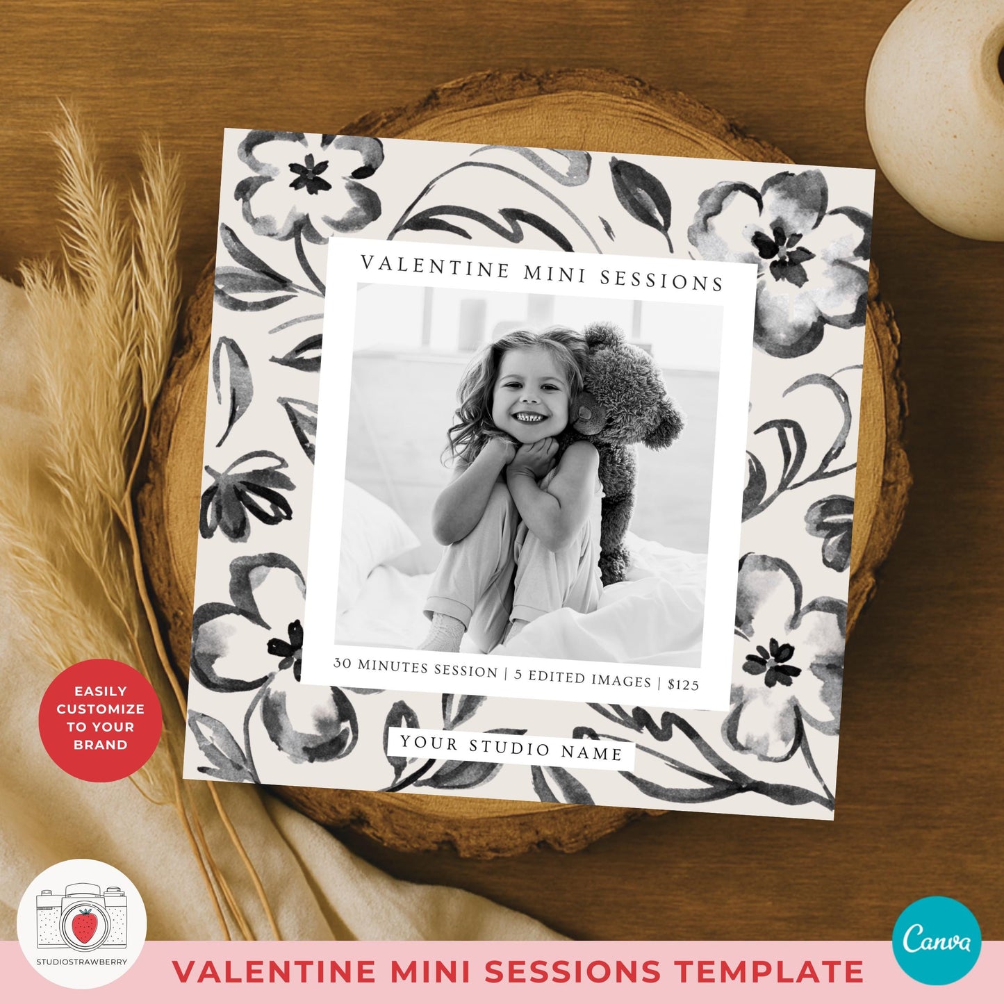 Minimalist photography promo template with floral frame