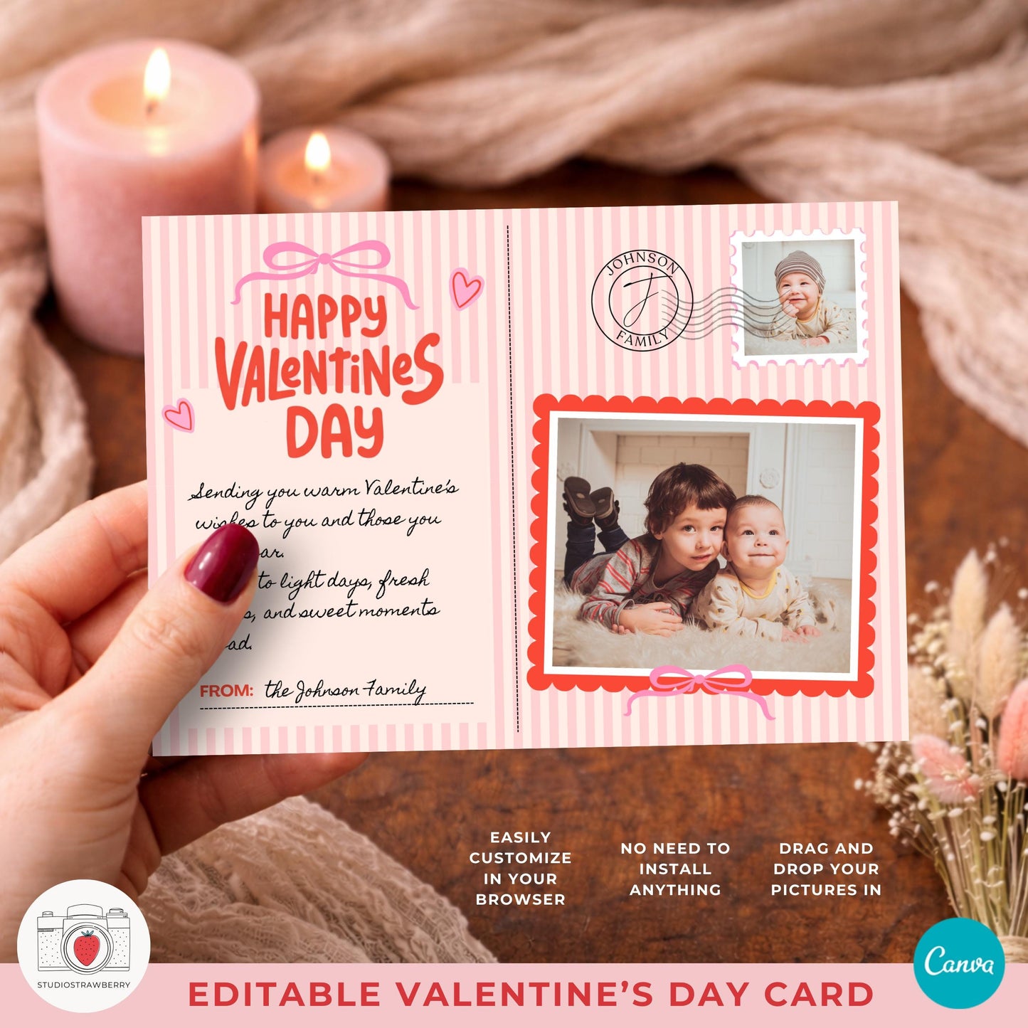 Cottage core valentines photo card with pink stripes and bow