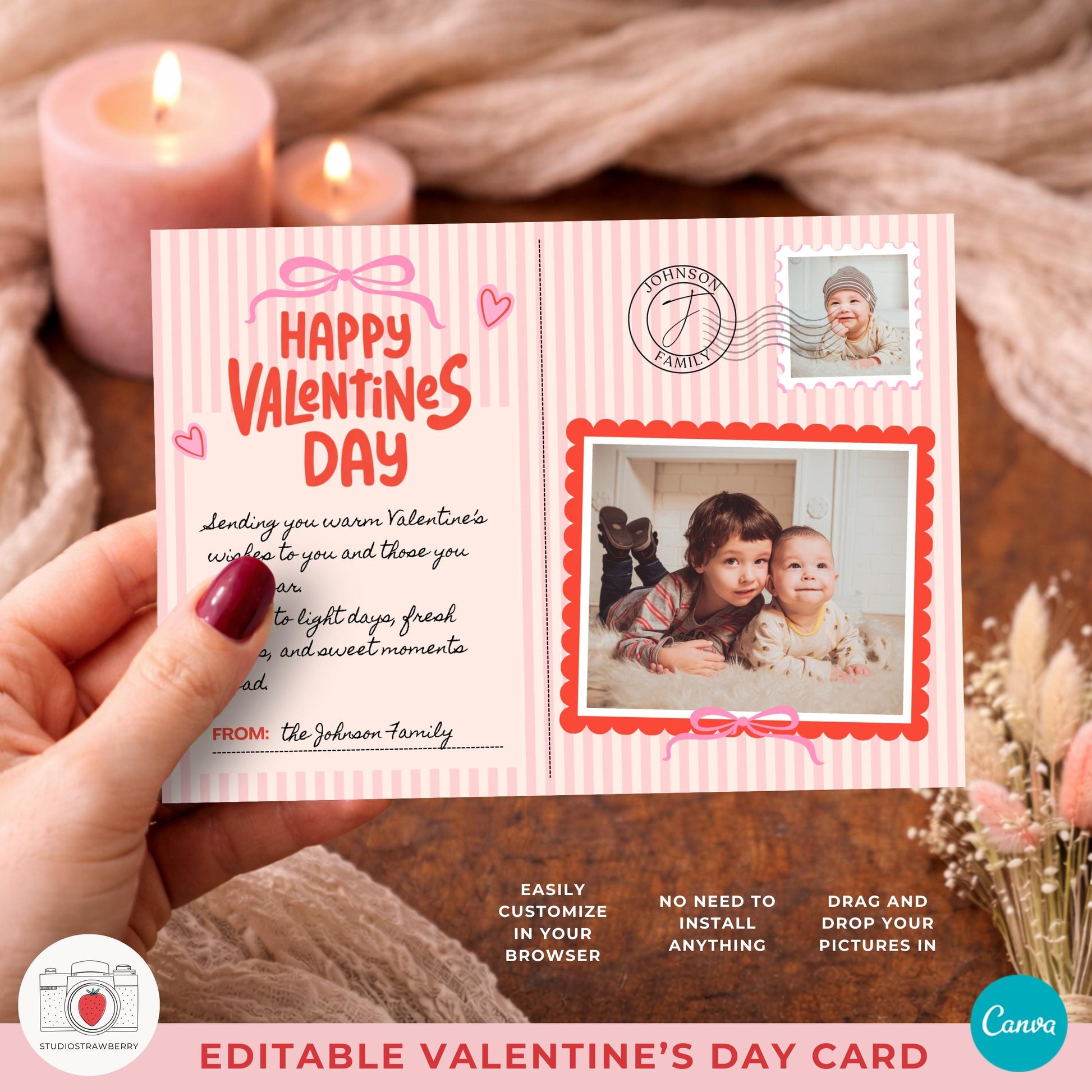 Cottage core valentines photo card with pink stripes and bow
