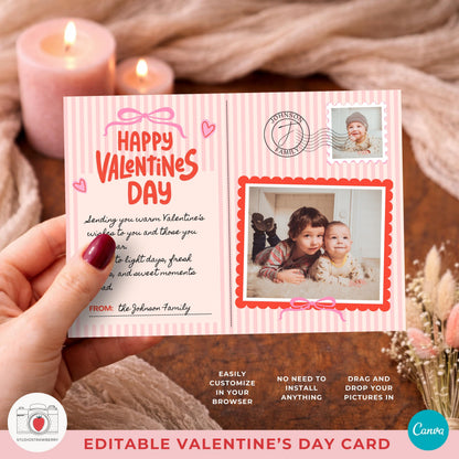 Cottage core valentines photo card with pink stripes and bow