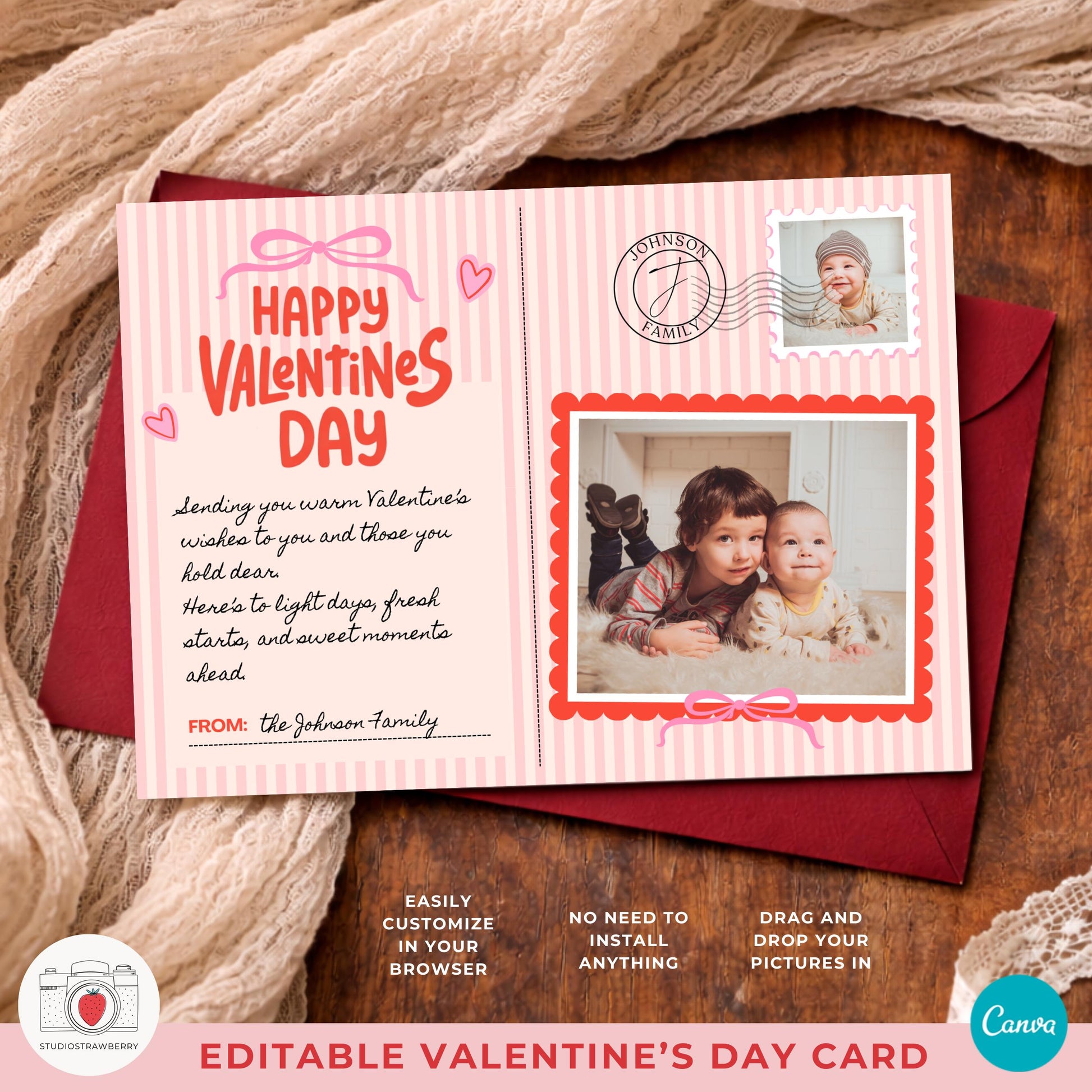 Pink valentines photo postcard layout with soft details