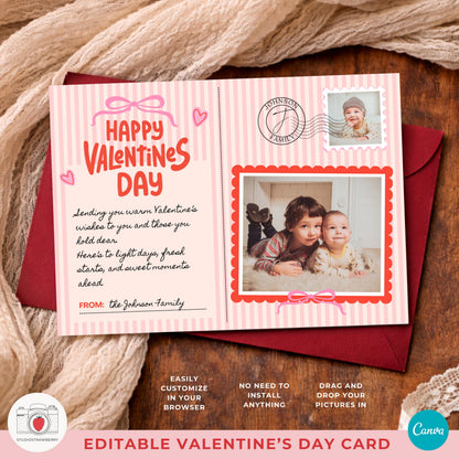 Pink valentines photo postcard layout with soft details