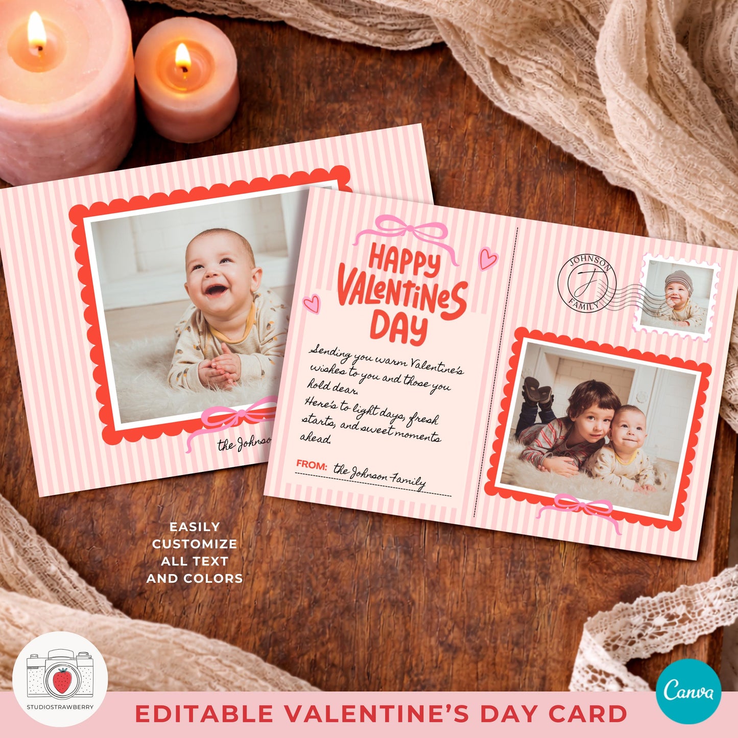 Baby valentines photo card in gentle pastel tones