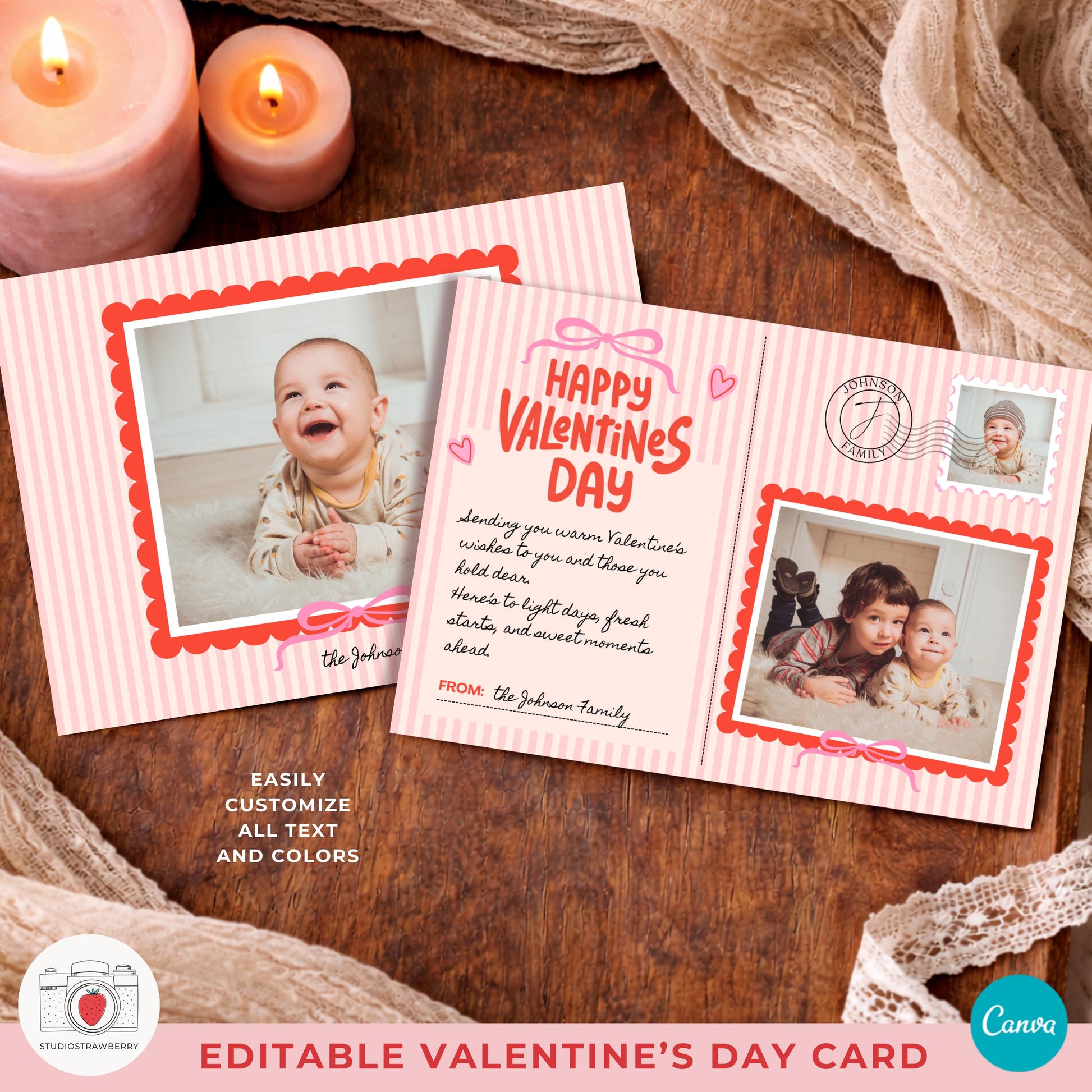 Baby valentines photo card in gentle pastel tones