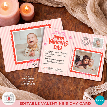 Baby valentines photo card in gentle pastel tones