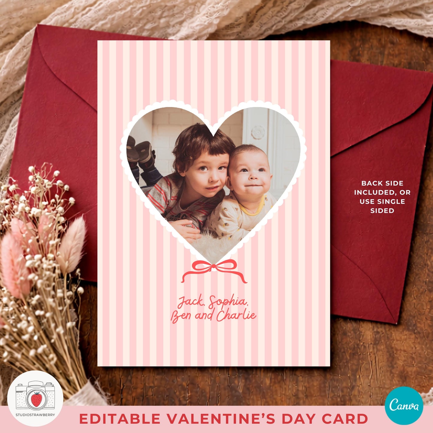 Striped valentine photo card designed for families with multiple children