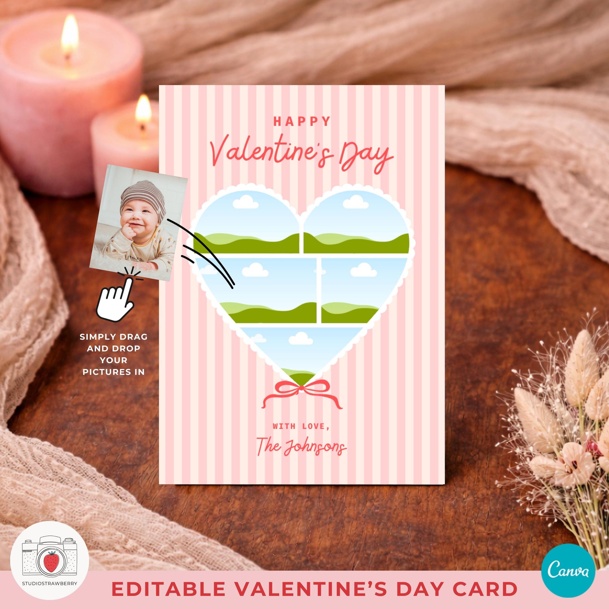 Valentine card with bow design and heart photo layout for a warm handmade feel