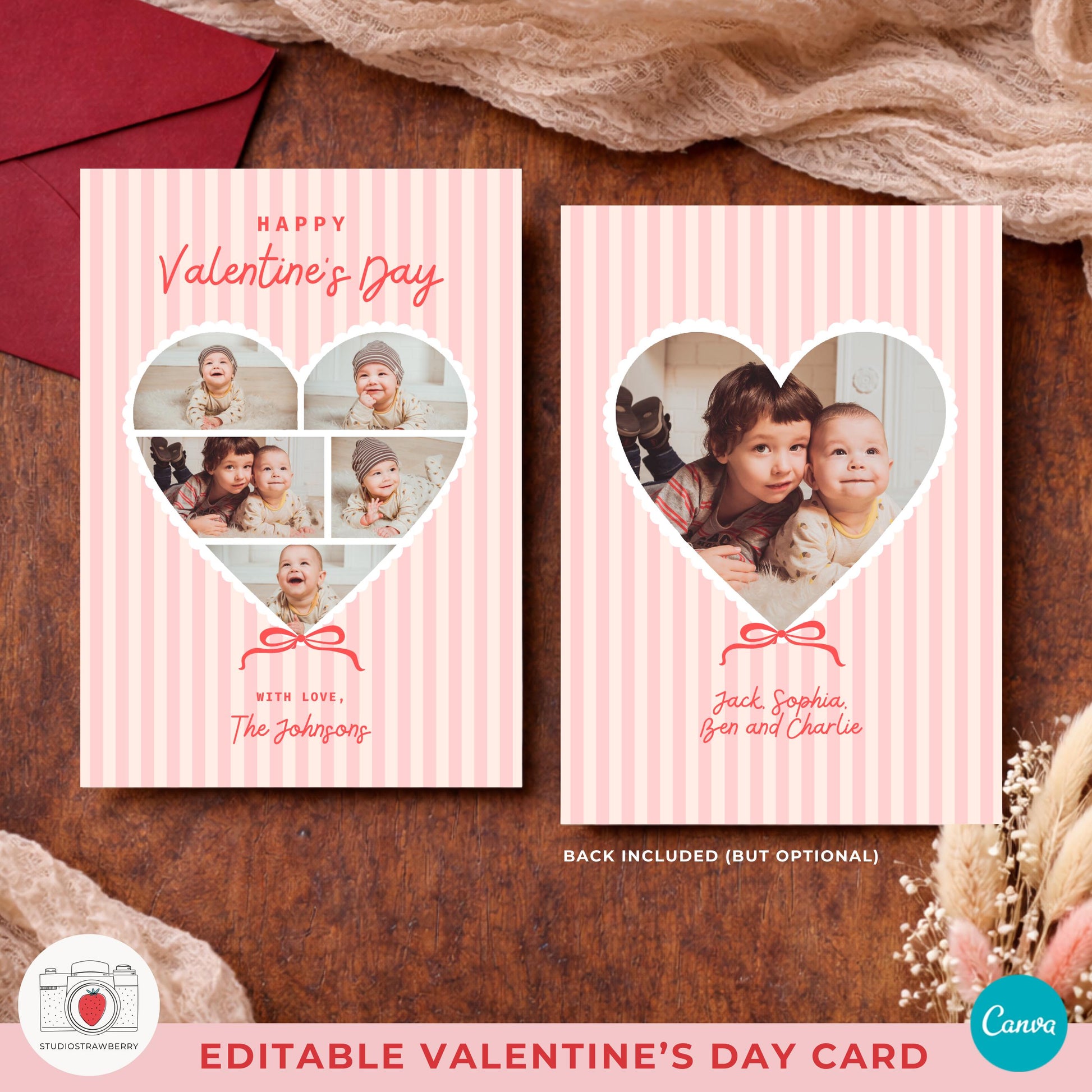 Cottagecore valentine card printable with delicate stripes and a simple bow detail