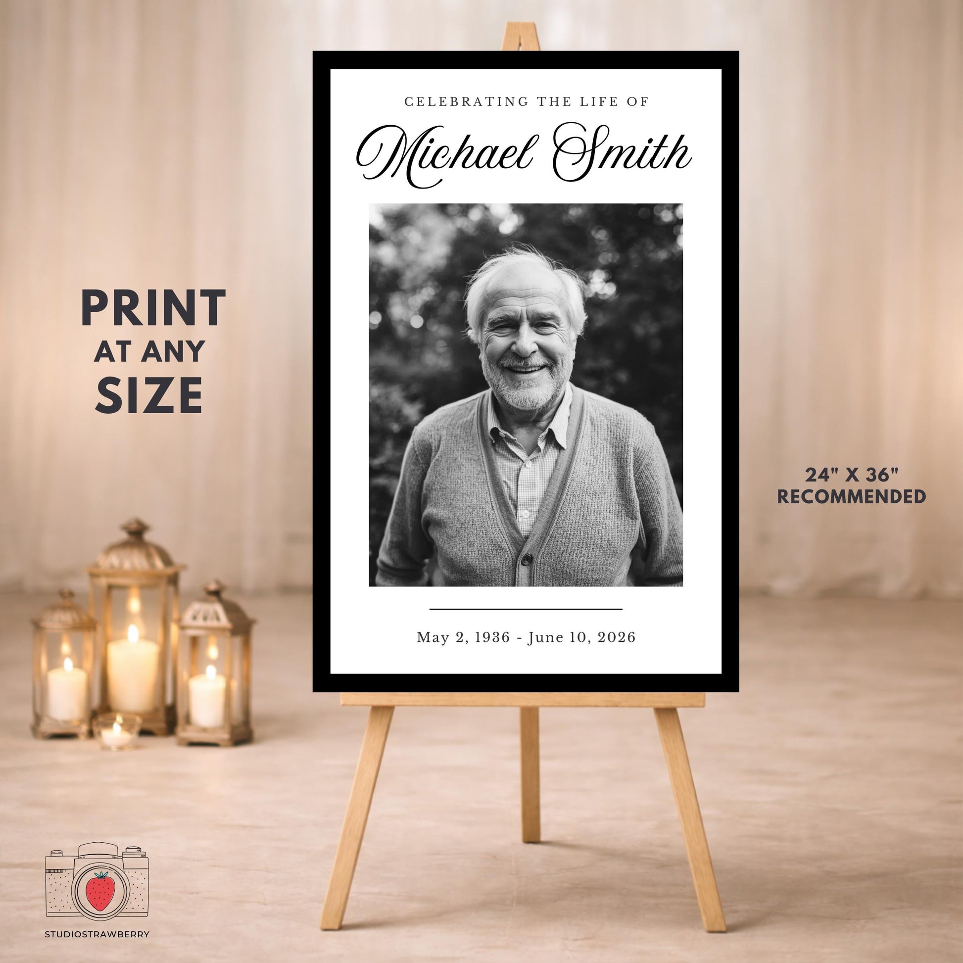 Celebration of life welcome sign with large portrait photo and elegant calligraphy text