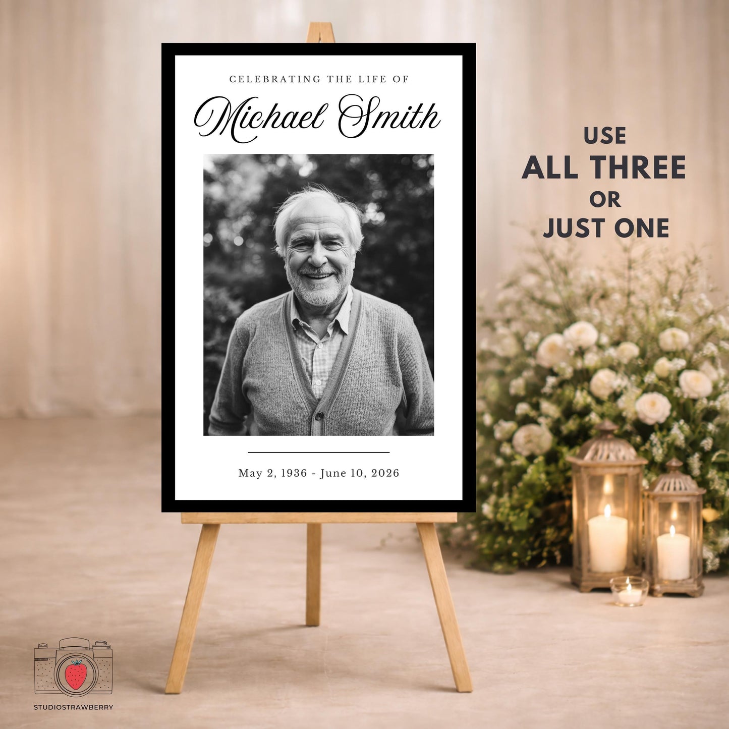 Funeral sign set of three including central portrait sign and two memory photo boards