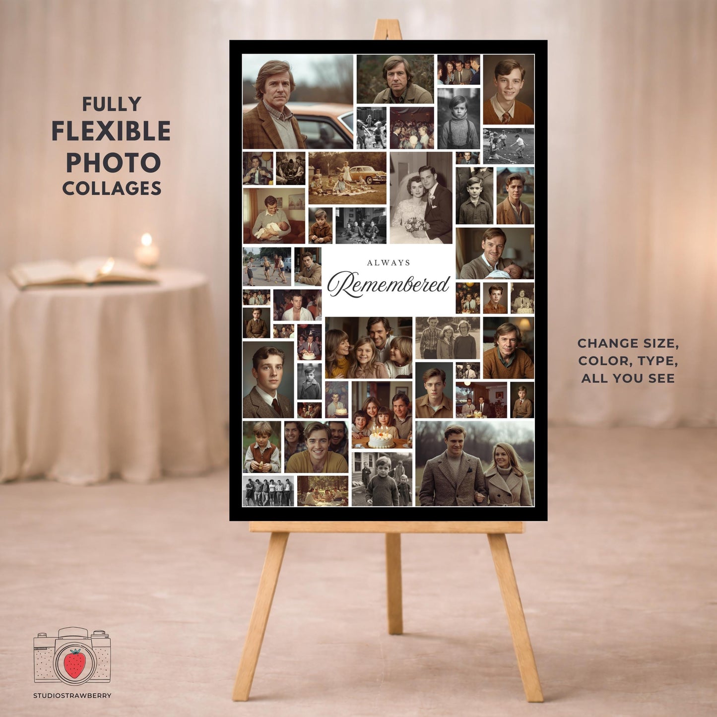 Funeral photo collage sign showing multiple life moments arranged in a memorial layout