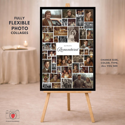 Funeral photo collage sign showing multiple life moments arranged in a memorial layout