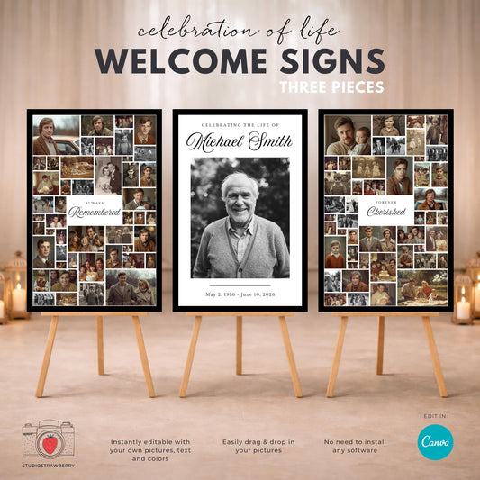 Funeral welcome sign set of three with black border and photo collage layout displayed on easels